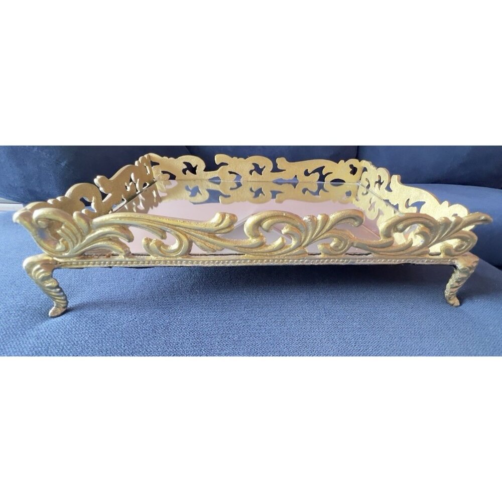 Footed Mirror Tray GOLD Perfume Dresser Ornate Elegant 16" x 11" x 3.25" Bath